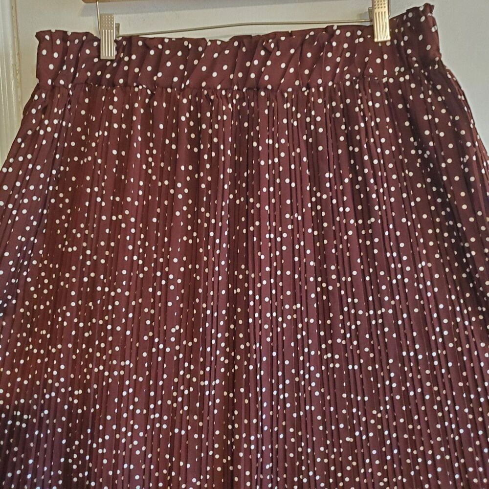 Simlu Brown Polka Dot Pleated Midi Skirt Elastic Waist L Boho Preppy Retro - Picture 2 of 11